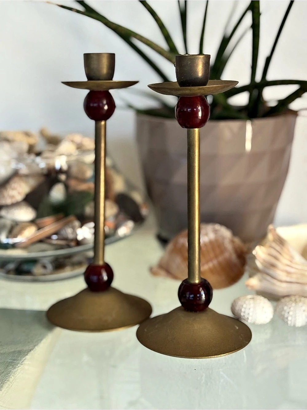 Vintage whimsi brass candlestick holder set of two with red bead accents